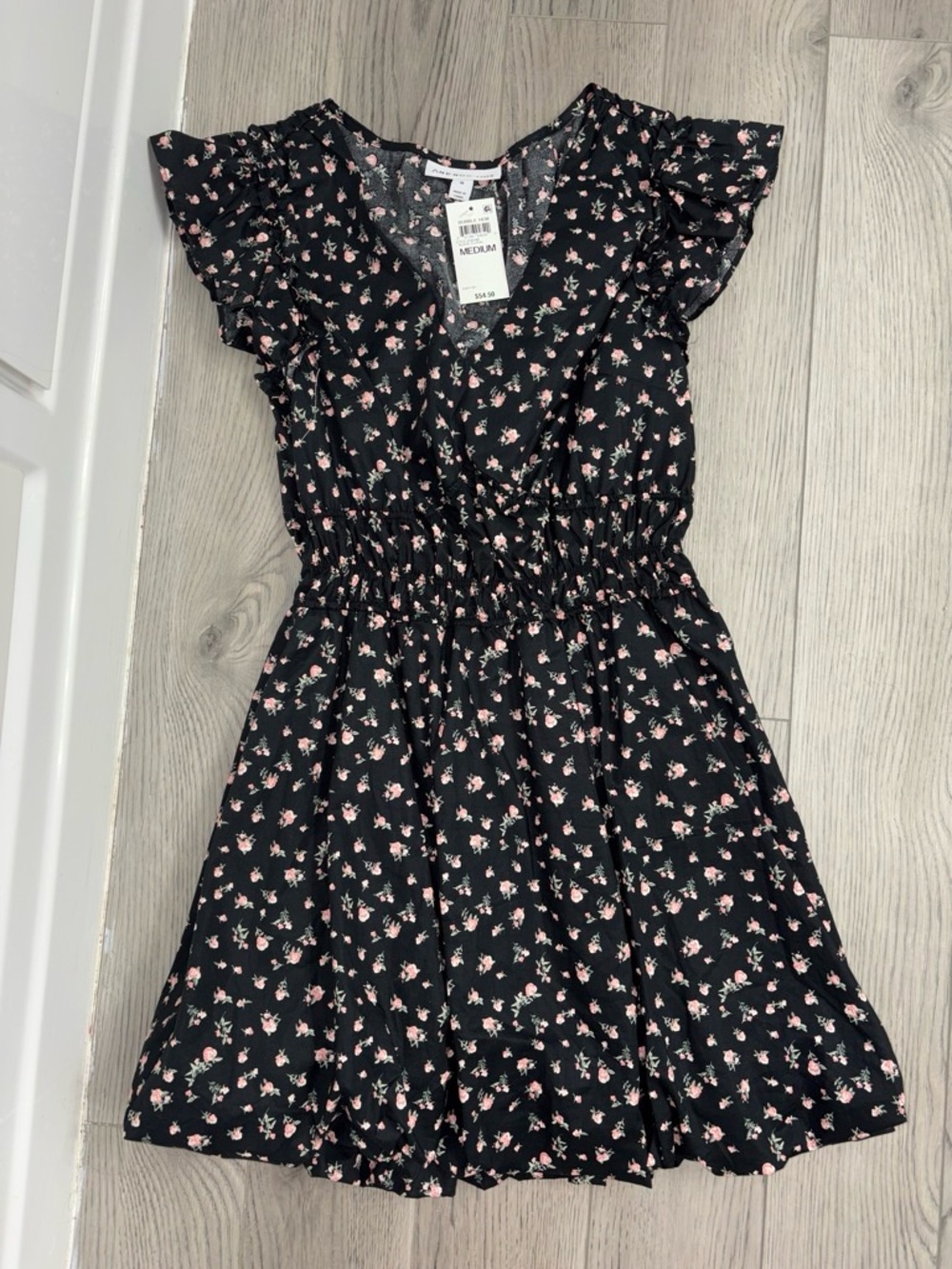 Women's Black Floral Smocked Waist Casual Dress with Ruffled Sleeves